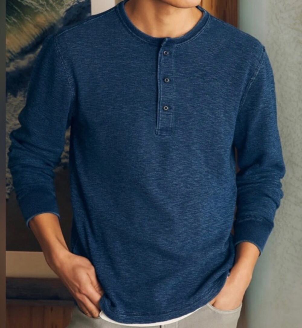 Faherty Mens XL Slub Cotton Henley Shirt Navy Heather Button A004984